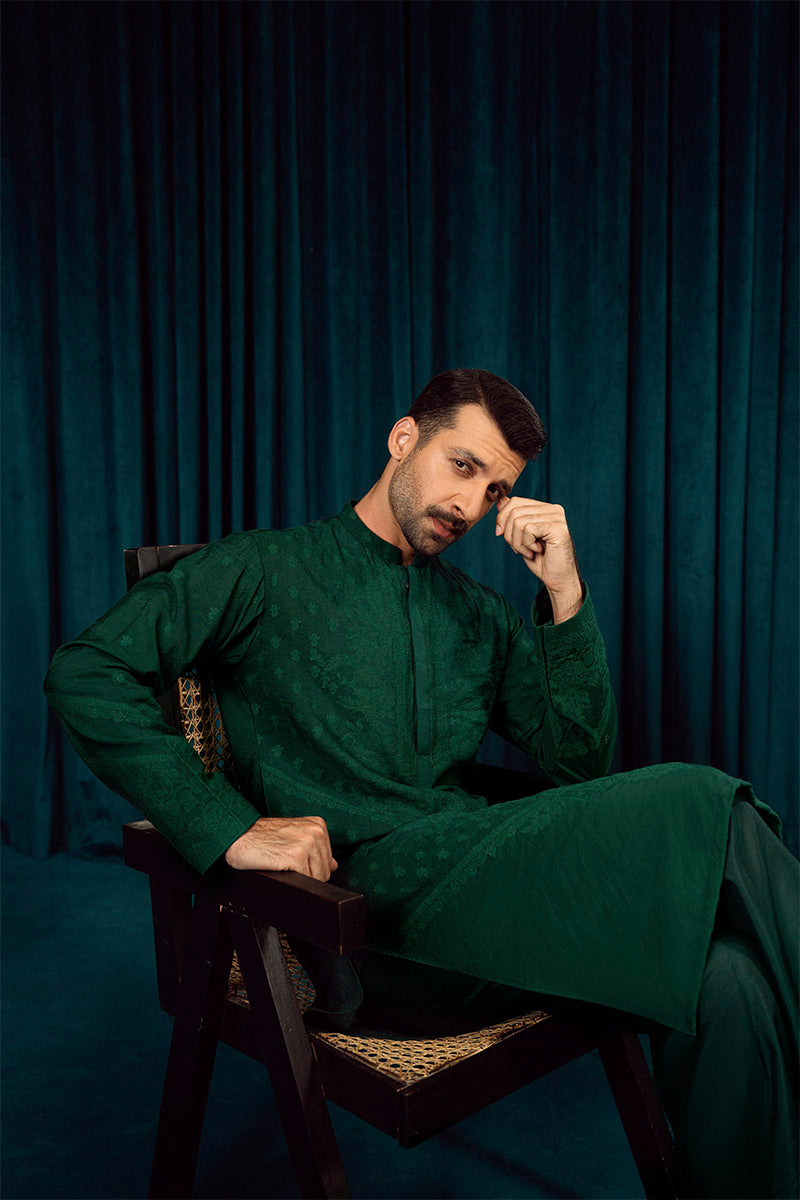 FANCY KURTA PYJAMA EMERALD GREEN 25015